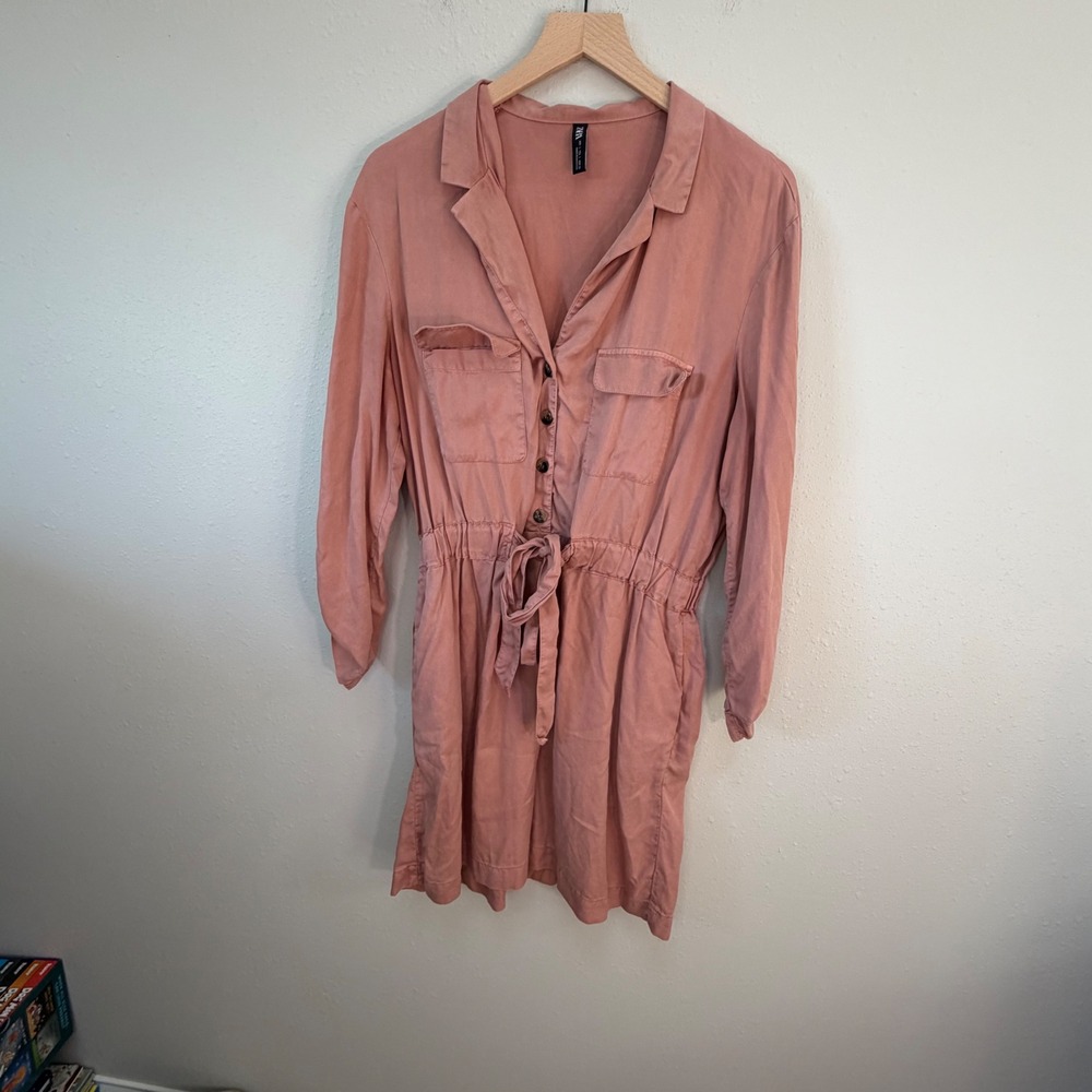 Zara Shirt Dress Womens Large Rose Pink Utility Tie Waist Safari Chic Pocketed - Picture 13 of 16